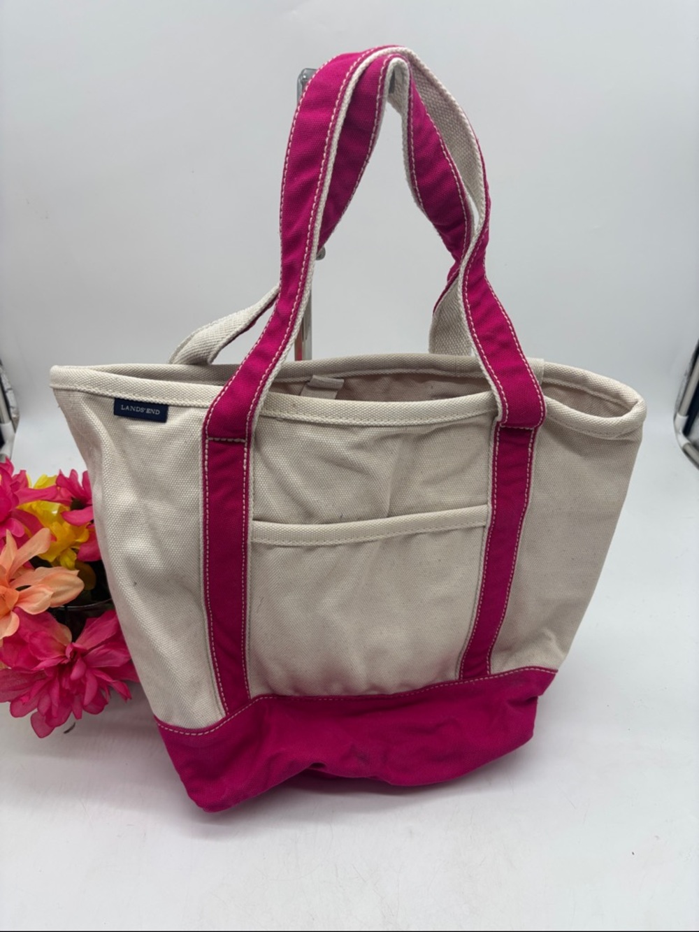 Lands' End Canvas Tote in Cream with Fuchsia Trim